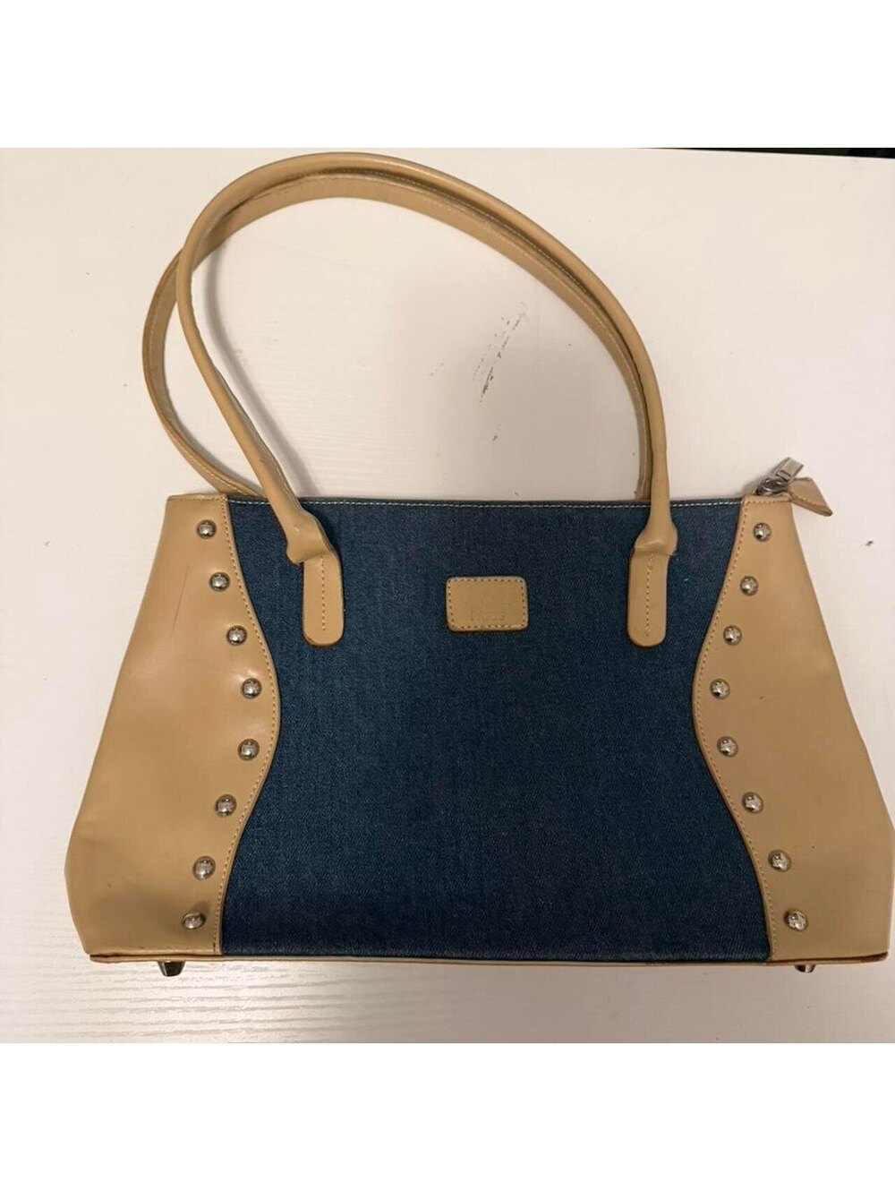 Liz Claiborne Denim and Beige Leather Bag with Stud Accents